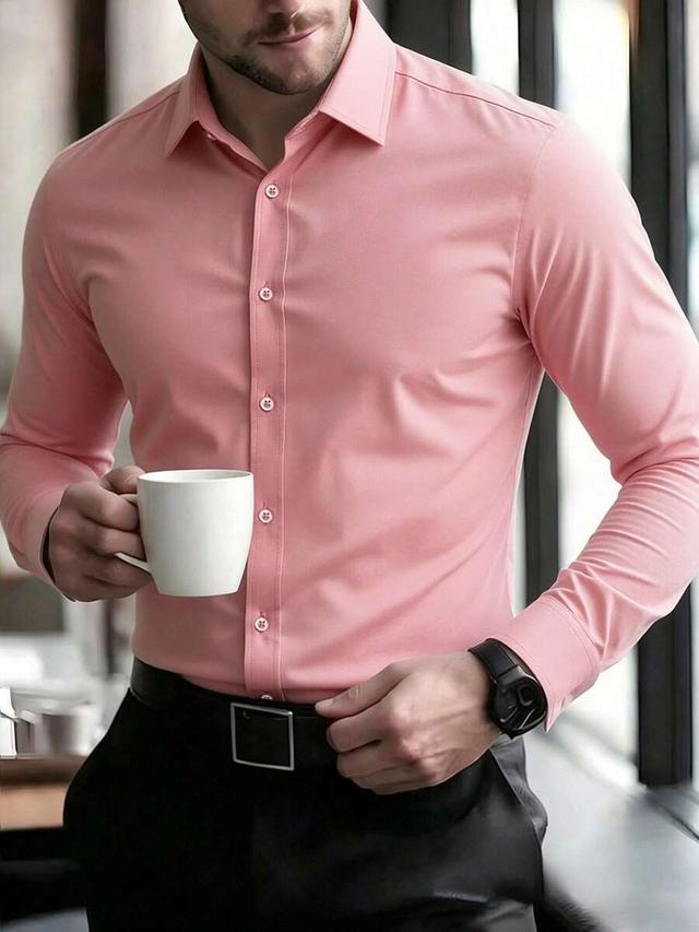 men's casual solid pink button-up shirt