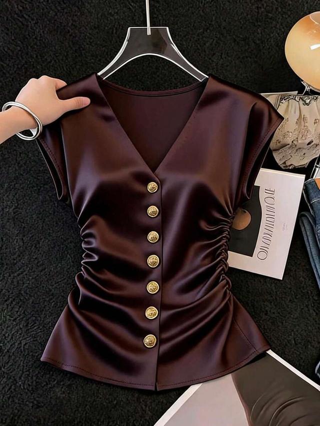 dark brown satin v-neck ruched waist blouse