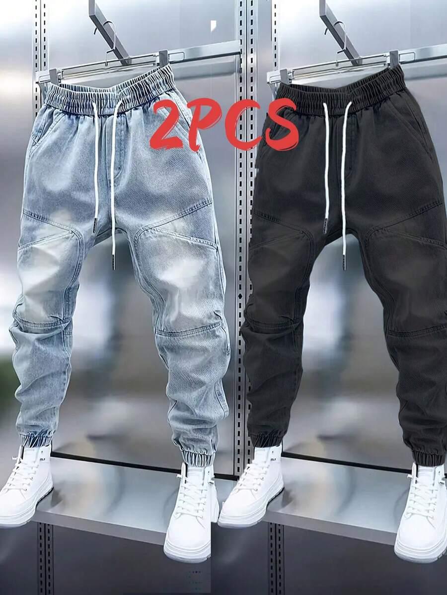 dark grey men's light wash denim jogger pants with elastic waist