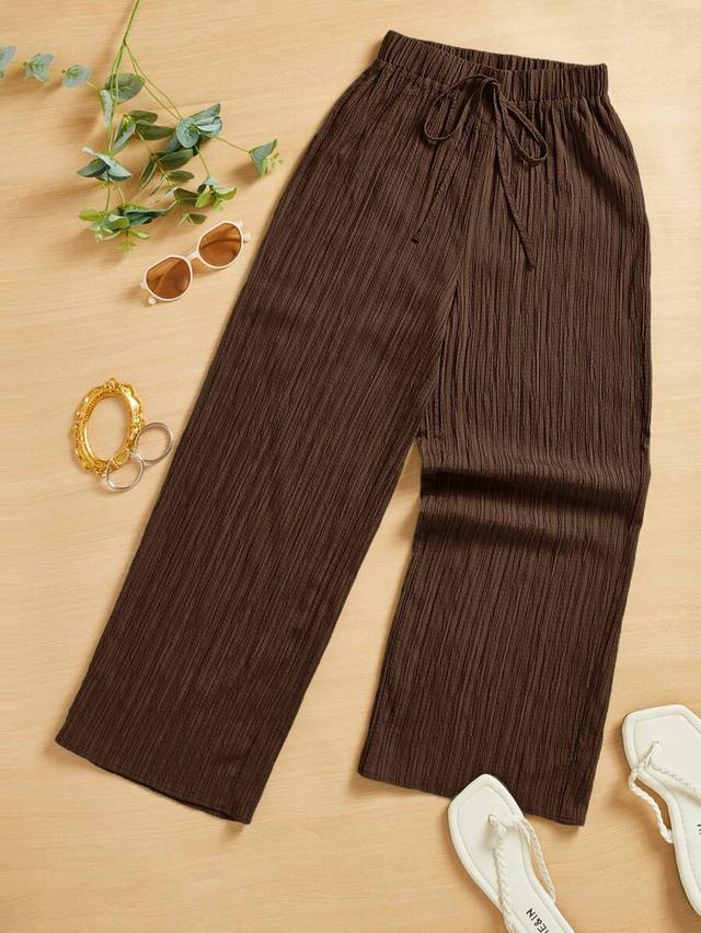 brown textured casual wide leg trousers