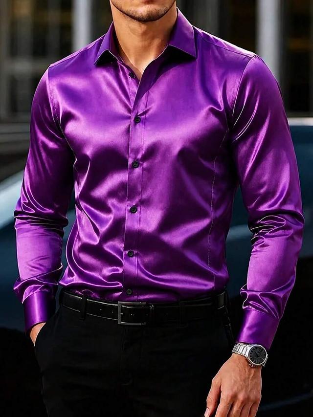 purple satin long sleeve formal button-up shirt
