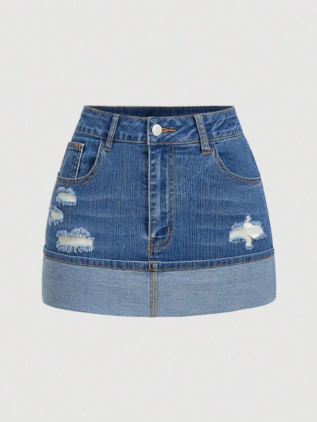 distressed denim mini skirt with contrast hem