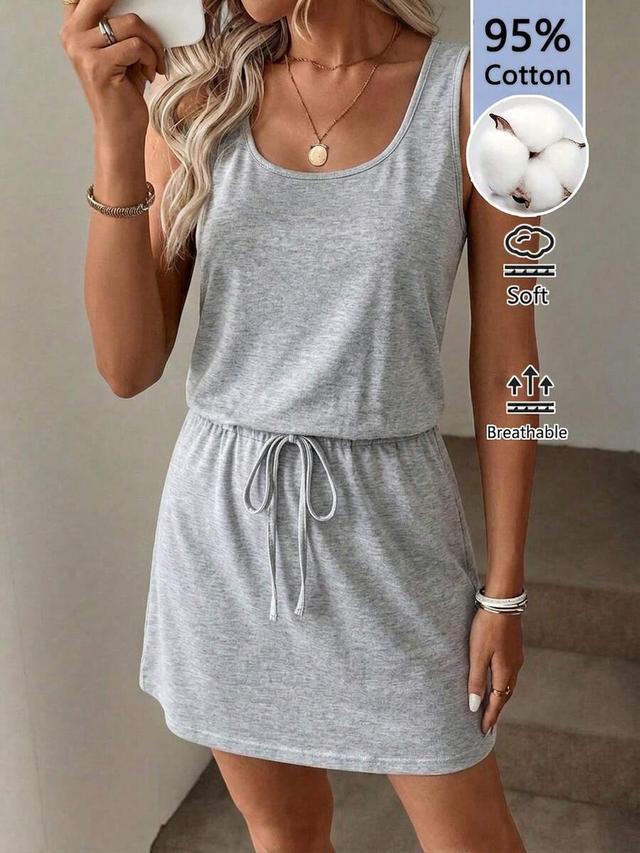 grey cotton jersey sleeveless drawstring waist mini dress