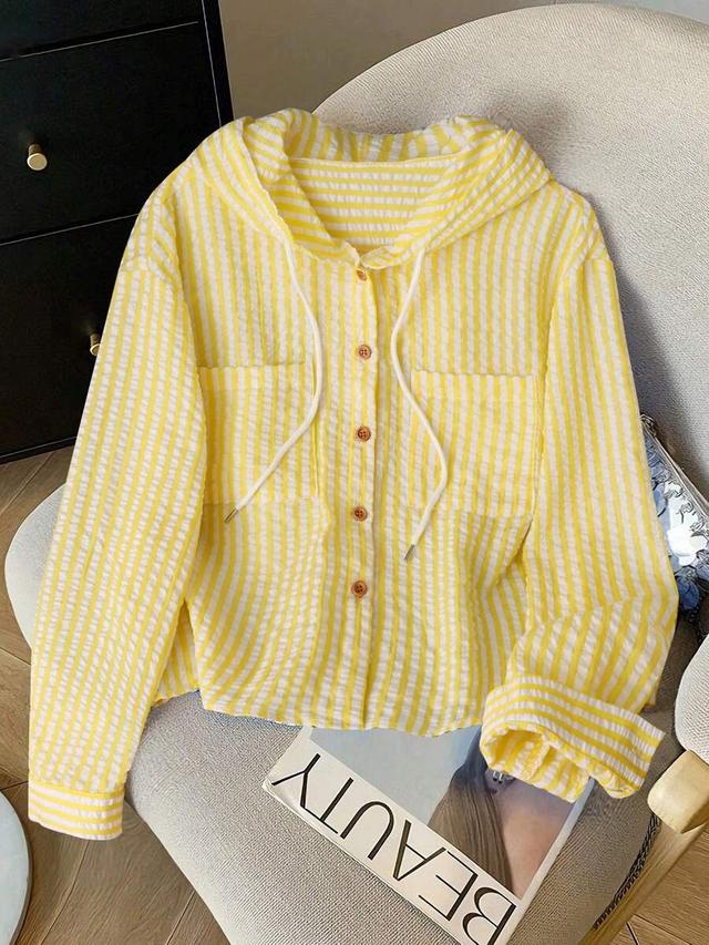 yellow striped loose hooded sun protection shirt