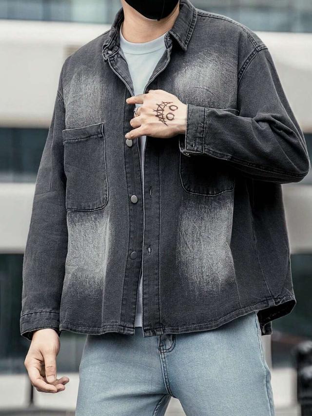 oversized grey acid wash denim shirt with dual pockets