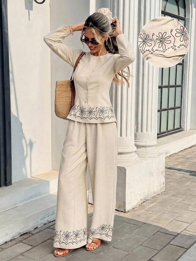 beige floral embroidered long sleeve button-up top