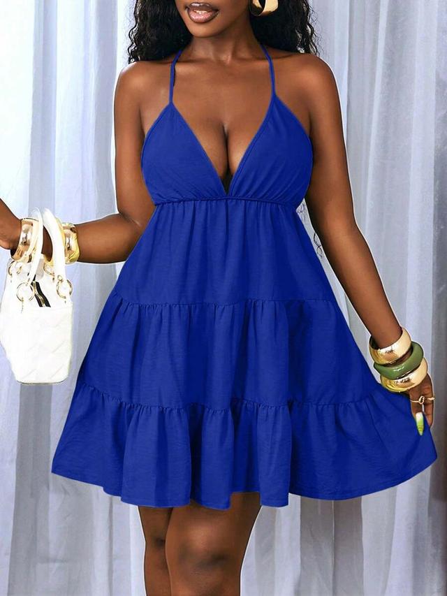 solid blue halter backless tie strap tiered short dress