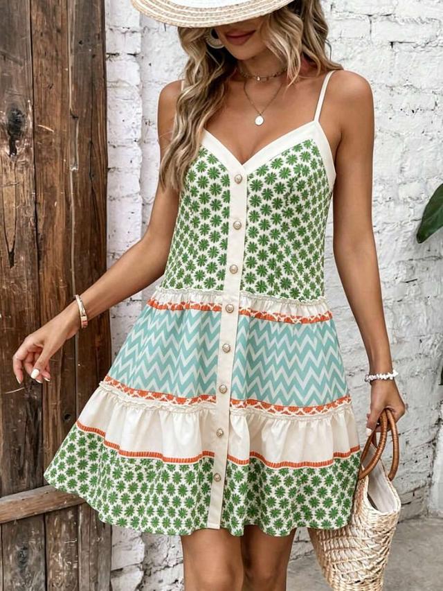 printed tiered button-down cotton sundress