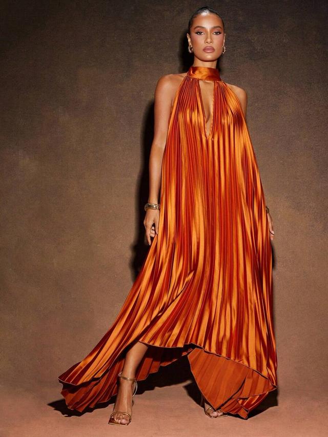 orange pleated backless halter high low maxi dress