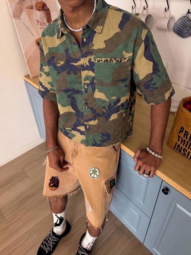 men's casual loose crochet camouflage short sleeve shirt