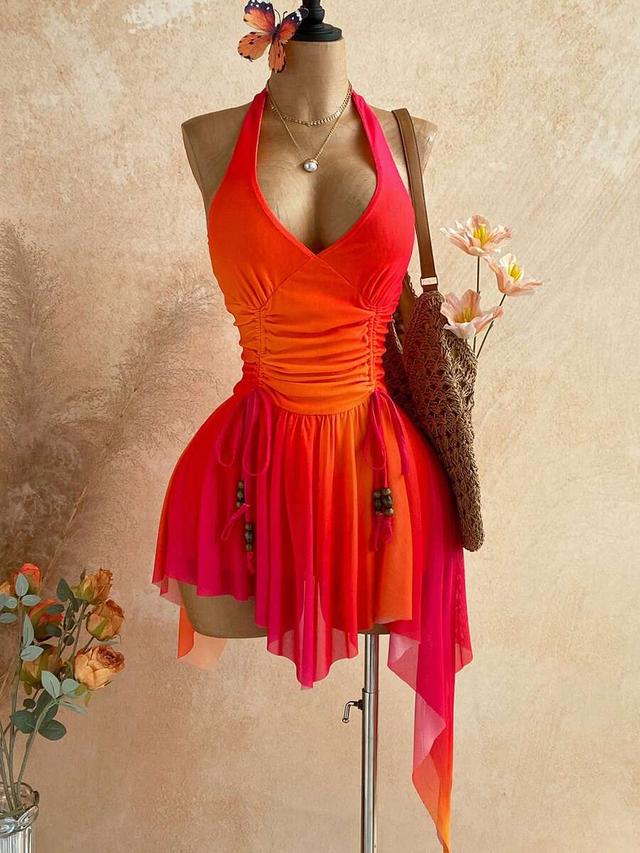 ombre orange and pink halter mini dress