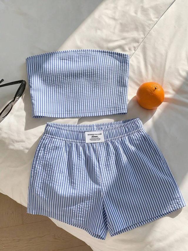 blue white stripe bandeau top and shorts set
