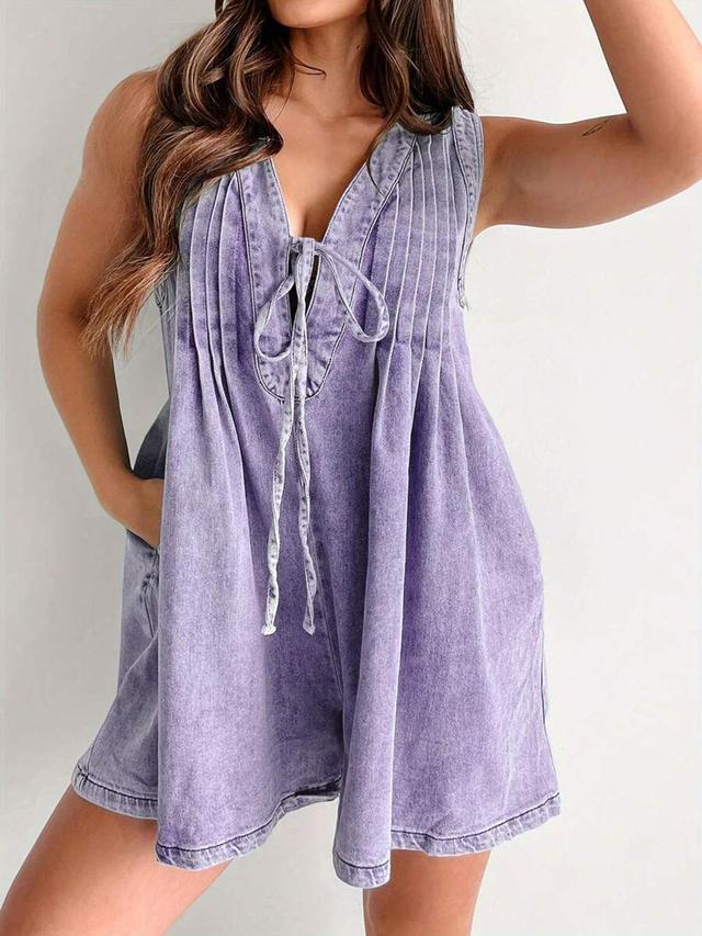 purple acid wash denim v-neck tie front romper