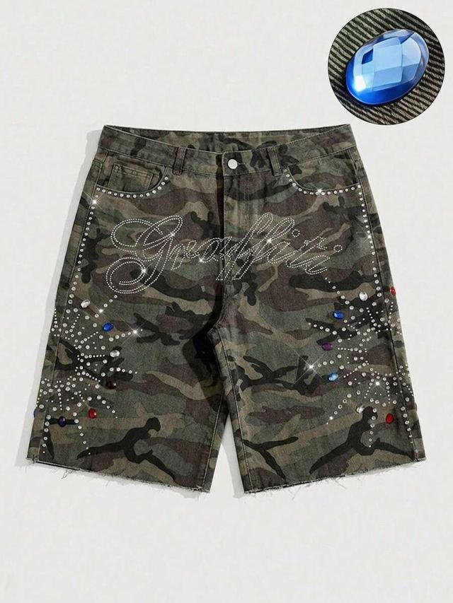 camouflage men's camo print denim shorts with rhinestone embellishments