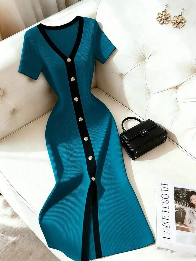 franclia v-neck contrast trim vertical striped button-up dress