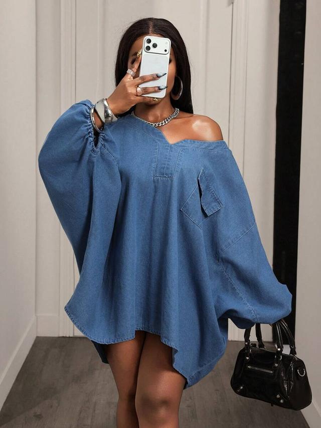 bamgleam women's solid color asymmetrical shoulder denim top