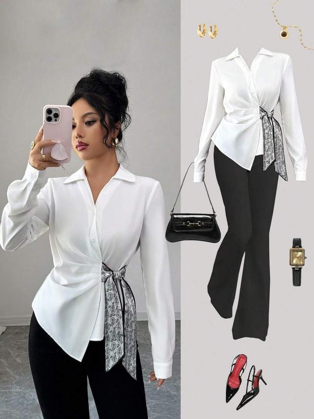 white long sleeve blouse with paisley knot side
