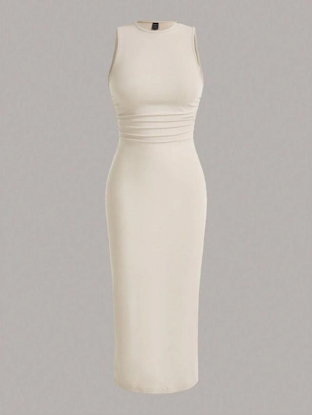 solid beige ribbed knit bodycon midi dress