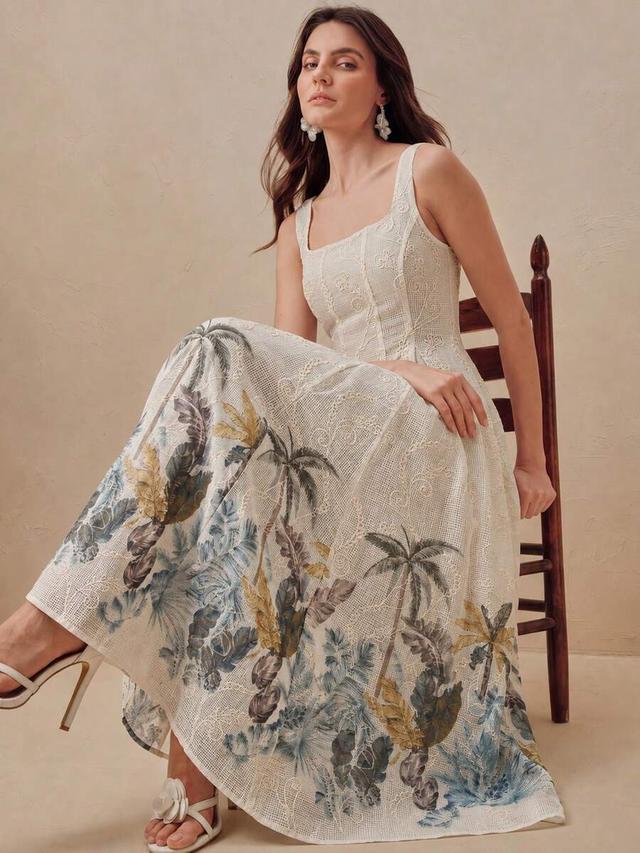 tropical floral print camisole flared midi dress