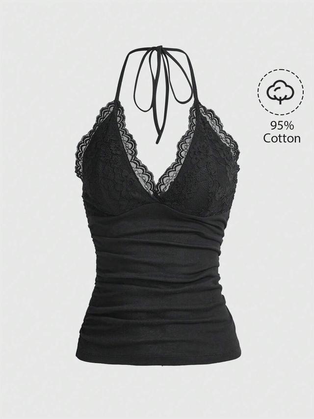 black contrast lace ruched halter top