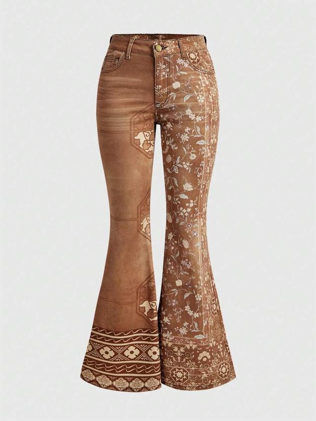 brown floral print low waist flare jeans