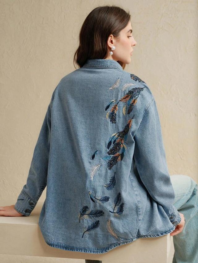 pearl embroidered blue denim shirt