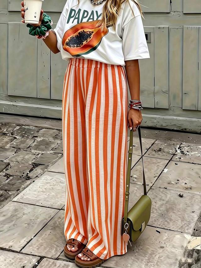 women's orange and white striped woven wide leg pants