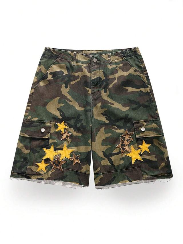 camouflage denim shorts with star applique embroidery