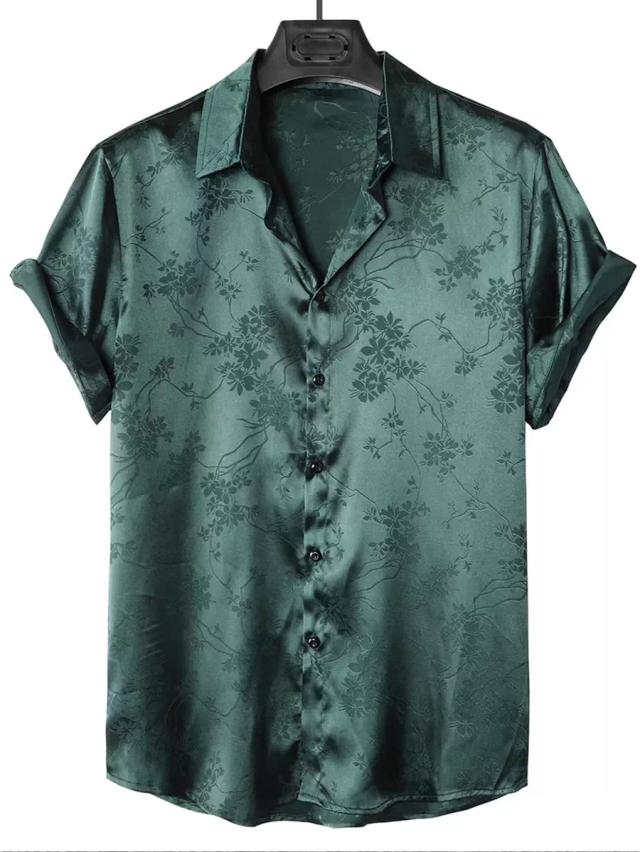 dark green floral jacquard satin short sleeve shirt