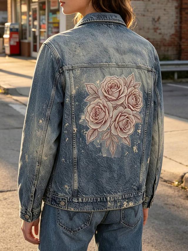 vintage washed denim trucker jacket with rose back print