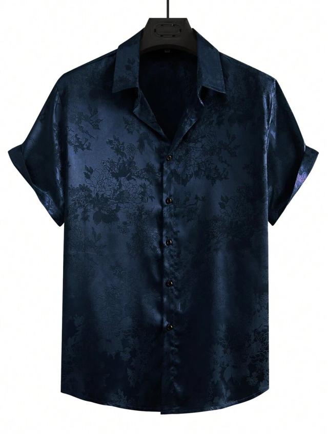 navy floral jacquard short sleeve button down shirt