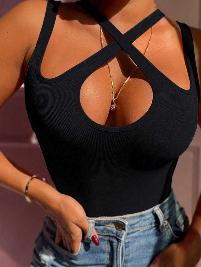 black ribbed knit halter neck cutout tank top