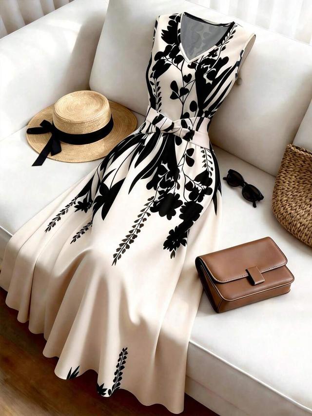 elegant beige tropical print sleeveless v-neck flared dress
