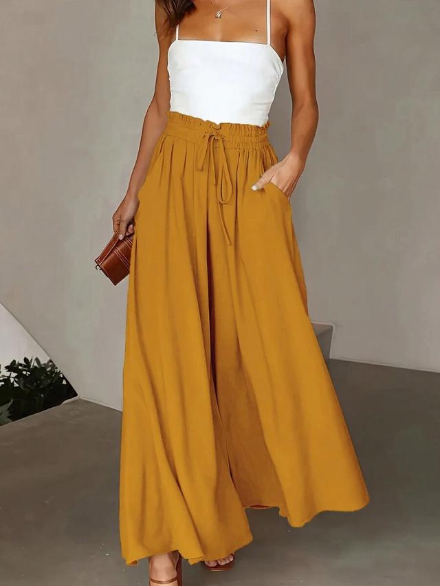 women's casual solid color wide leg pocket pants spring yellow