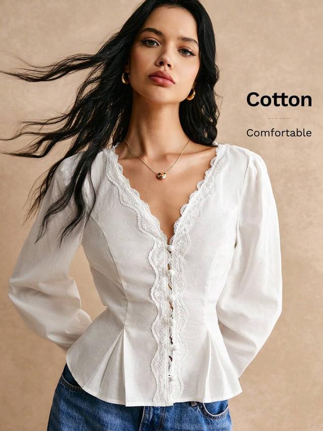white cotton elegant french lace trimmed button detail shirt