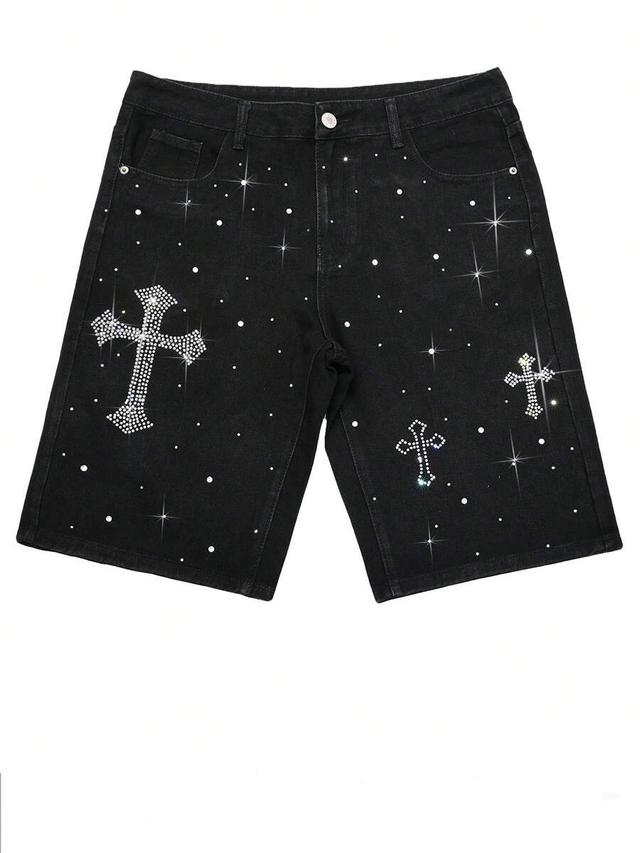 men's black denim shorts with rhinestone cross detailing