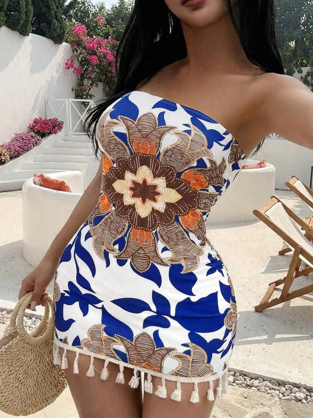 printed strapless mini dress with tassel hem