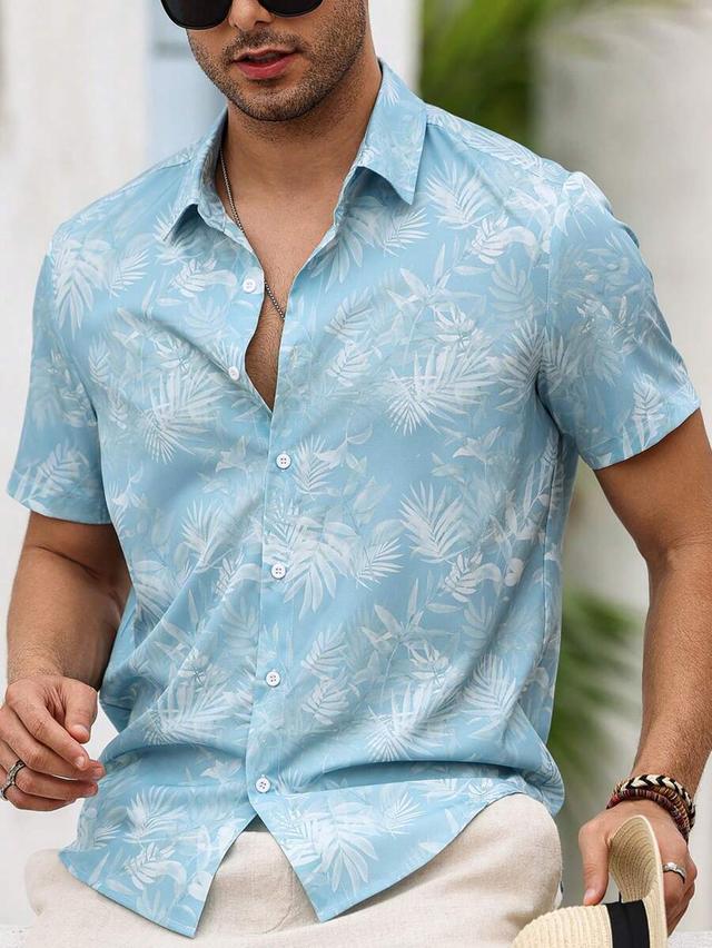 light blue tropical palm print short sleeve shirt