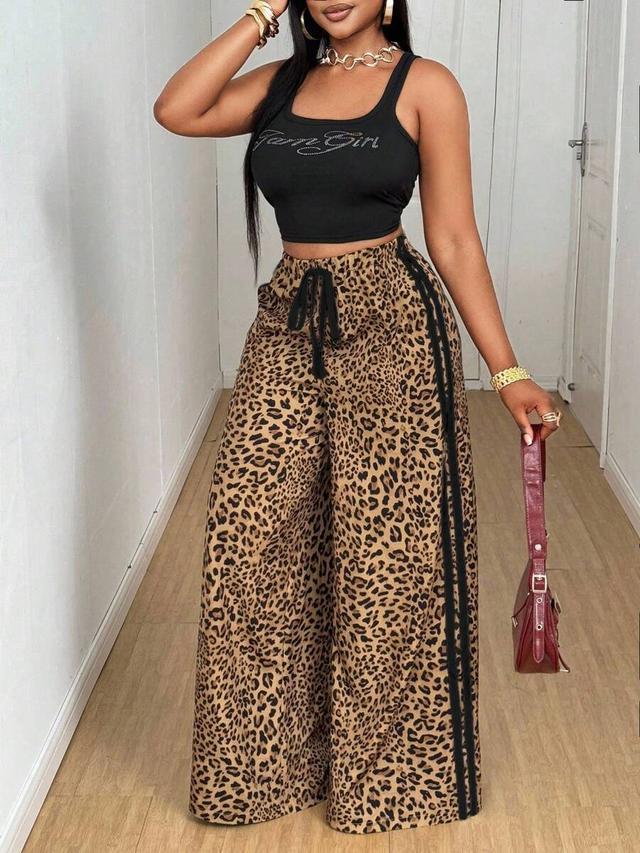 leopard print wide-leg trousers with contrast side stripe