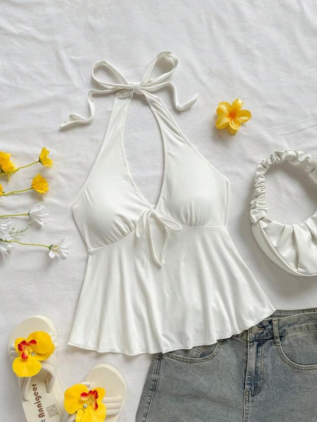 white v-neck bowknot halter backless babydoll top