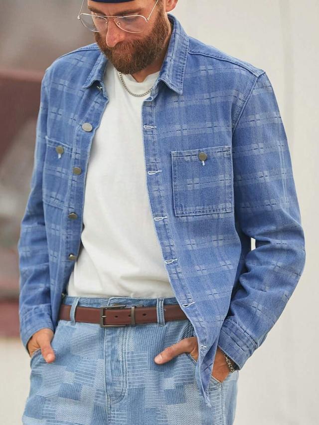 light blue plaid denim button-up shirt