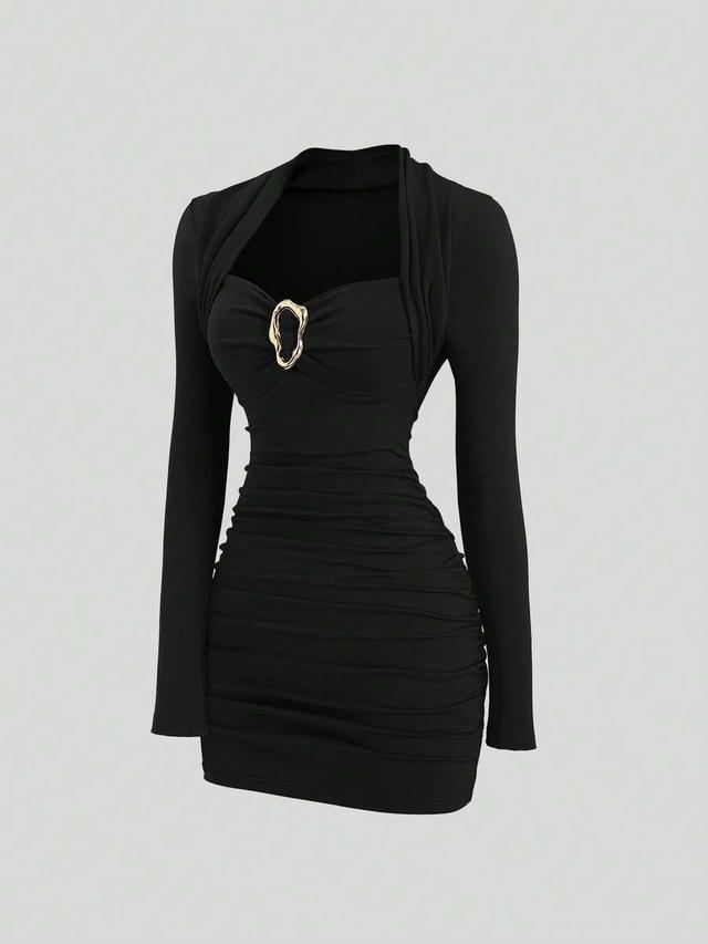 elegant burgundy cocktail dress with metal decor
