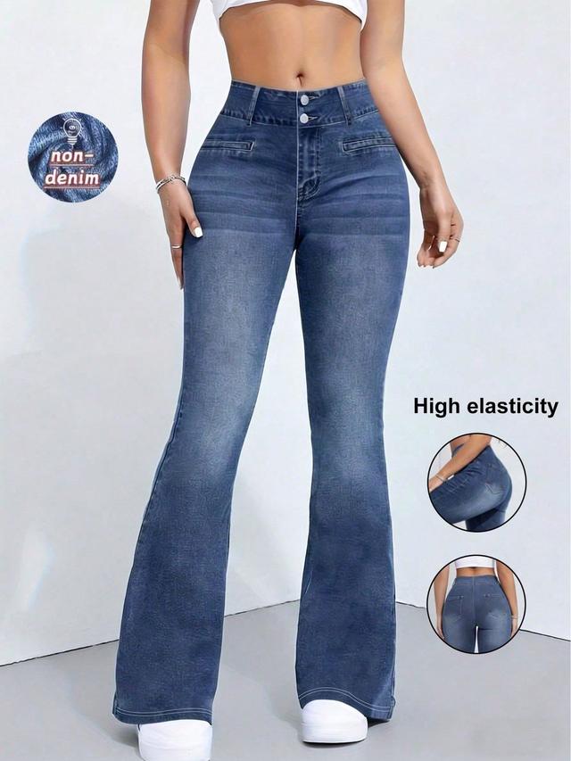 women's mid-waist denim effect print flare pants