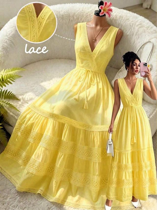 yellow sleeveless v-neck lace waist-cinching long dress