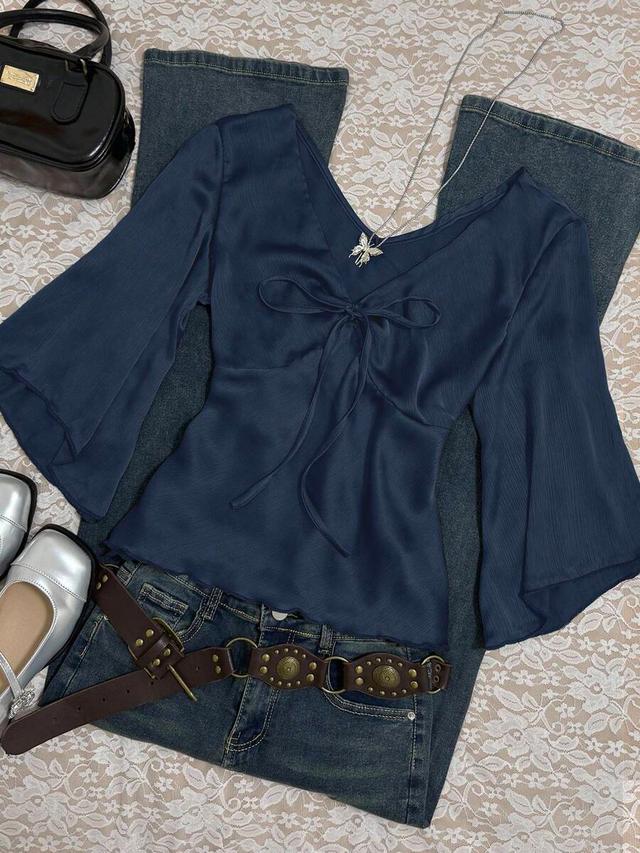 navy blue minimalist tie front long sleeve blouse