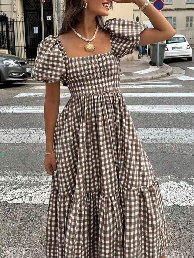 brown and white gingham puff sleeve midi dress