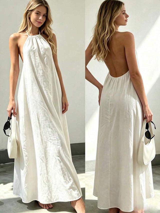 women's elegant white spaghetti strap linen a-line dress
