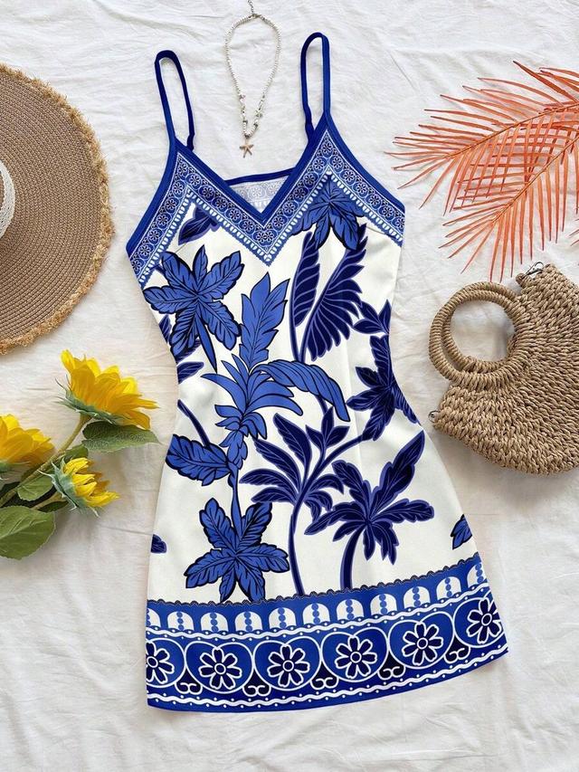 blue and white tropical print camisole mini dress