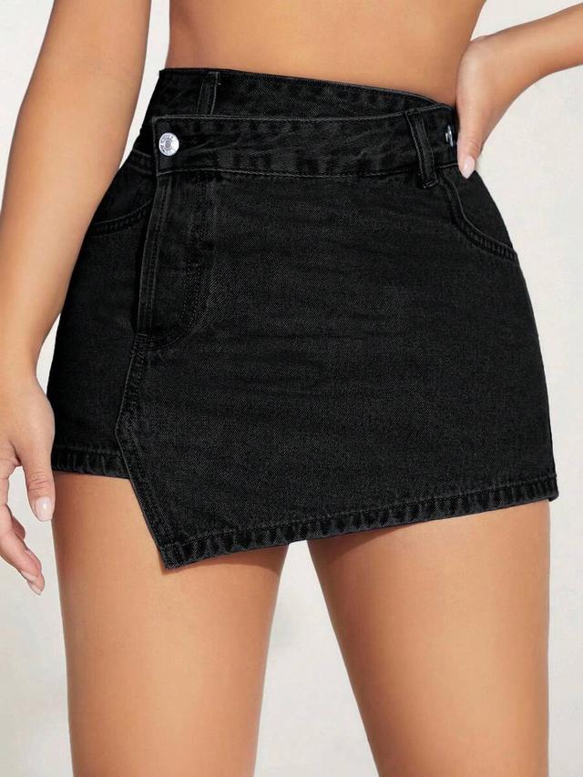 black asymmetric hem denim skort with pockets