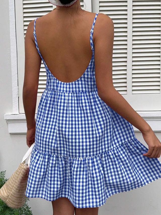 blue and white plaid spaghetti strap tiered sundress